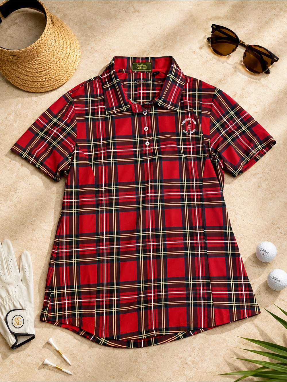 NWOT SeaPines Collection Harbour Town Golf Links Red Plaid Golf Polo | M